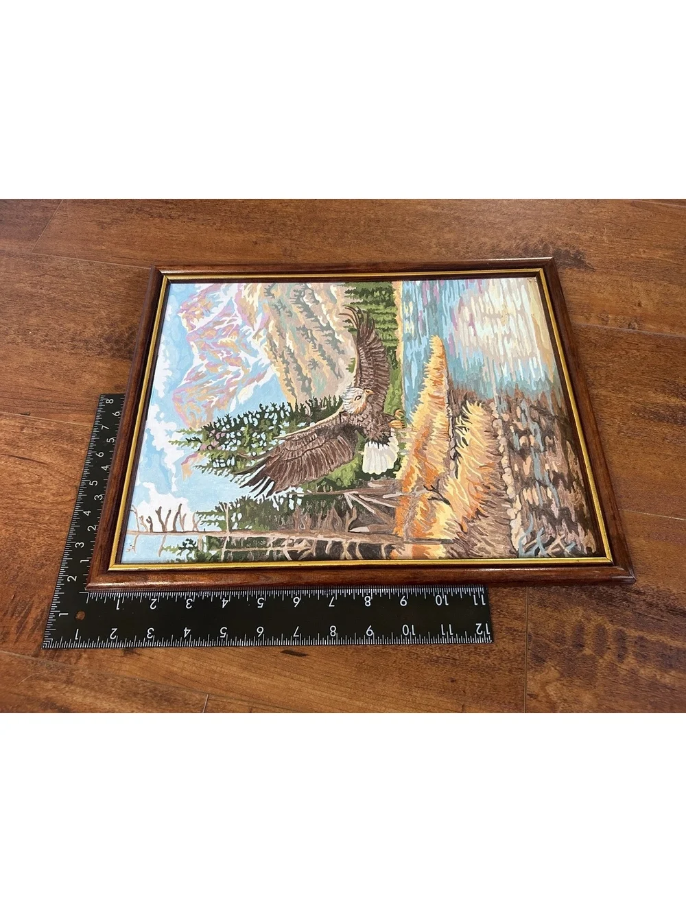 Framed Needlepoint Artwork of Eagle Over River Landscape